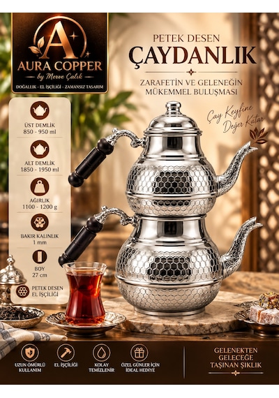 Aura Copper El İşlemeli Bakır Çaydanlık Seti 1 Mm Üst 850-950 Ml Alt 1850-1950 Ml 27 Cm Bakır - Siyah