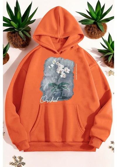 Uyguntarz Orkide Tuval Baskılı Unisex Oversize Sweatshirt Turuncu