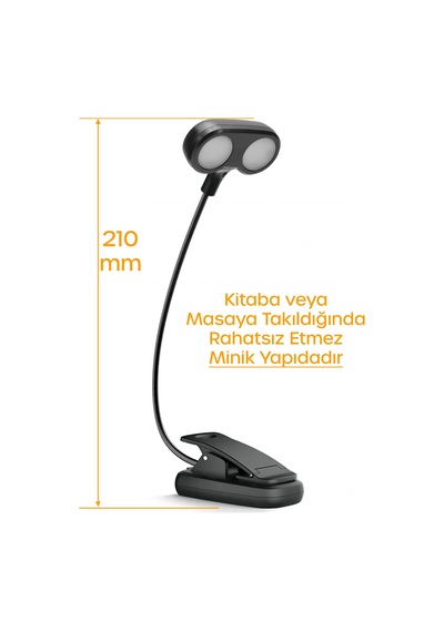 Ledli 2 Renk Işıklı Klipsli Mini Kitap Okuma Lambası Mandallı Masa Lambası Kitap Okuma Işığı 012 Siyah