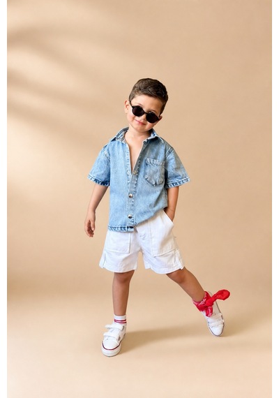 Eray Alp Kids Erkek Çocuk Mavi Kot Gömlek Beyaz Cepli Şort Takımı Günlük Rahat Kombin