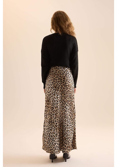 Defacto Straight Fit Normal Bel Leopar Desenli Saten Maxi Etek D6886axnser103 Ekru