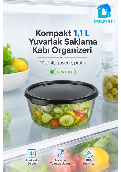 Yuvarlak Saklama Kabı 1,1 Litre 17x17x7 Cm Füme Şeffaf Siyah Kapaklı Bpa İçermez
