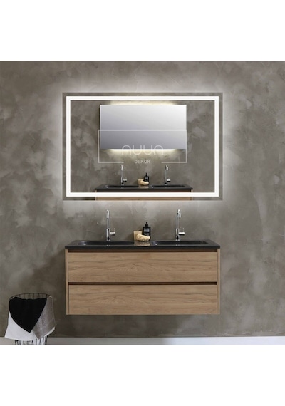 Nuun Dekor 90x70cm Beyaz Ledli Kumlamalı Banyo Aynası Trafolu Beyaz