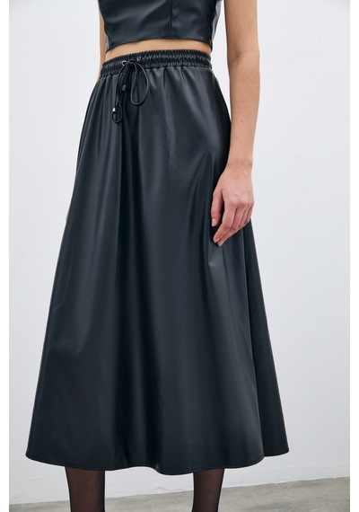 Sateen Bel Lastikli Deri Etek - Siyah-135588 Siyah