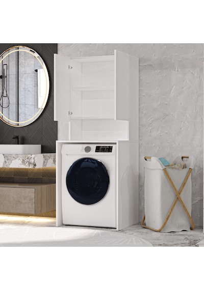 Mobilya Çamaşır Makinesi Dolabı 3 Raflı Kapaklı Banyo Dolabı Beya Beyaz