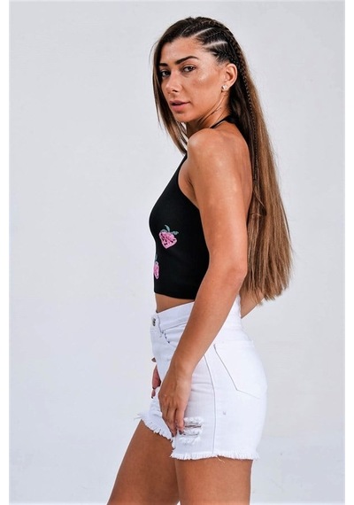 Genel Siyah Çilek Kabartma Baskı Boyundan Bağlamalı Crop Örme Bluz
