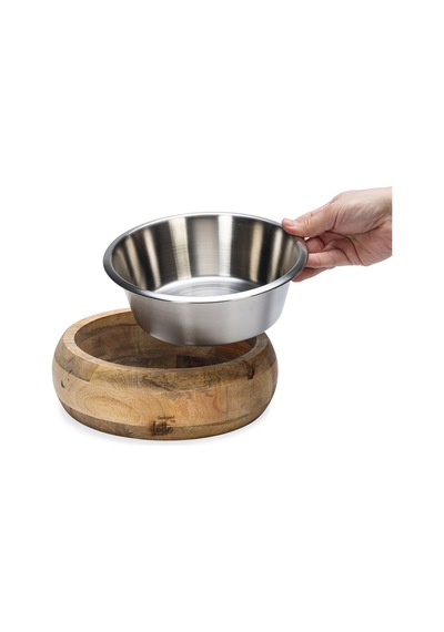 Beeztees Dbl Köpek Mama Su Kabı, Dışı Masif Ahşap, Paslanmaz Çelik, 21cm, 1300ml
