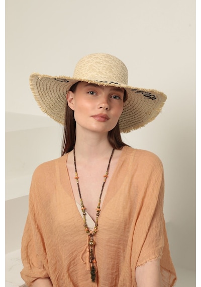 Bej Summer Vibes Yazılı Hasır Şapka Bej