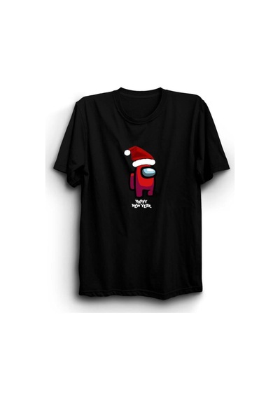 Among Us Yeni Yıl Noel Baba Happy New Year Baskılı Tshirt SIYAH