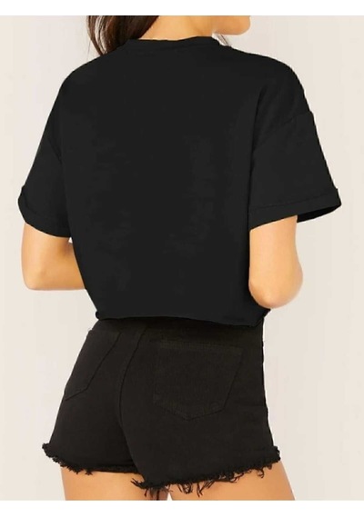 Crop Bisiklet Yaka Örme T-shirt Siyah