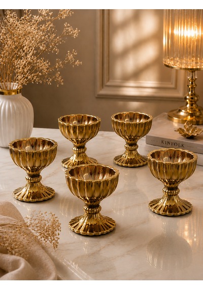 6 Lı Gold Kaplama Ayaklı Mini Kristal Cam Lüks Lokumluk Kahve Yanı Sunumluk Kase