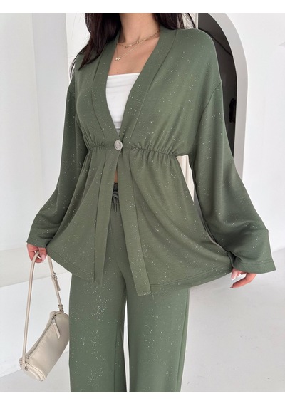 Kadın Simli Uzun Kol Modal Kumaş Kimono Pantolon İkili Takım Şık Ve Rahat Kadın Takım Yeşil Kadın Simli Uzun Kol Modal Kumaş Kimono Pantolon İkili Takım Şık Ve Rahat Kadın Takım Yeşil