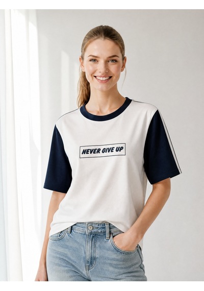 Nealirsanall.com "never Give Up" Baskılı Penye Tişört - Kontrast Kollu Spor Bluz Siyah
