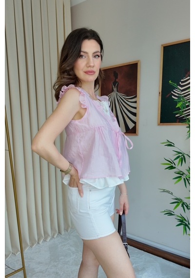 Meecy Kadın Önü Bağcıklı Çift Katlı Gömlek Pembe Pembe