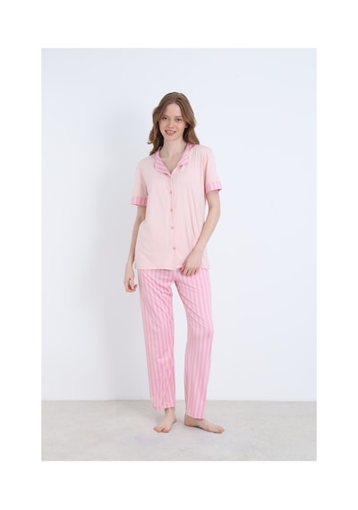 Elitol Desenli Milan Örme Kısa Kol Kadın Düğmeli Pijama Takımı Desenli-4