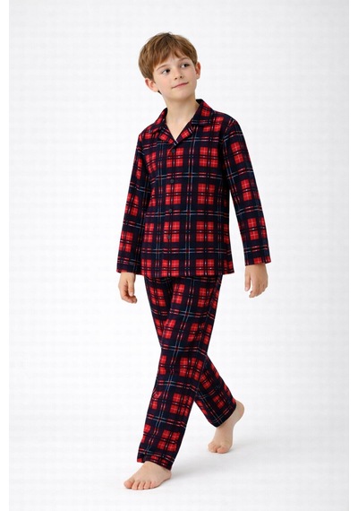 Free Beka Lacivert Ekose Desenli Uzun Kollu Gömlek Yaka Düğmeli Erkek Çocuk Pijama Takımı Kırmızı