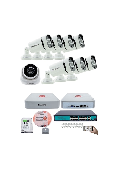 Ip Güvenlik Kamera Seti - 1 İç Mekan Ip Kamera, 7 Dış Mekan Ip Kamera, 1tb H.d.d 9 Kanal Nvr, Gece Görüş, Uzaktan İzleme, Hareket Tabiki, İnsan Tespi