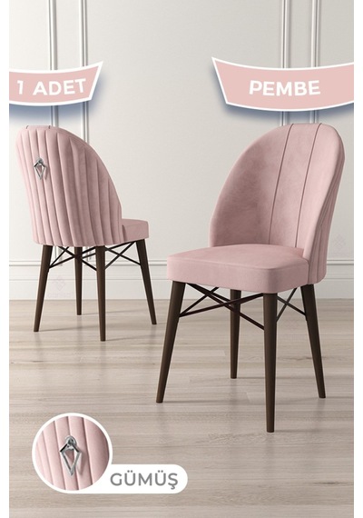 Canisa Ritim Serisi 1 Adet Pembe Sandalye 1.sınıf Babyface Ithal Kumaş Ceviz Gürgen Ayak Gümüş Halkalı Sandalye Pembe Ayaklar Ceviz