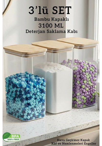 Bambu Kapaklı Dikdörtgen 3 Lü Deterjan Saklama Kabı Seti Hava Geçirmez 3.1 Litre Büyük Boy Şeffaf