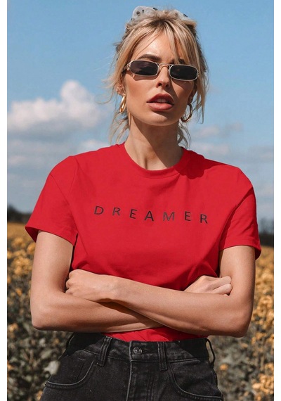 Unisex Dreamer Baskılı Oversize Tshirt Kırmızı