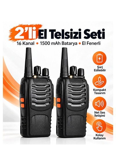 16 Kanallı El Telsizi 2 Li Set 1500 Mah Şarjlı Batarya Uhf 400 470 Mhz Led El Fenerli