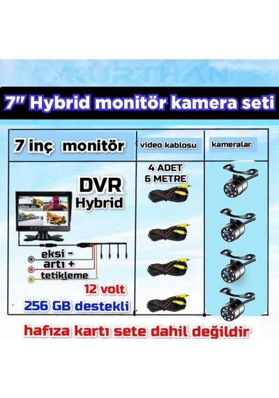 7 İnç Dvr Ekran Ve 4 Ad Beyaz Ledli Kelebek Kamera Set 12 Volt