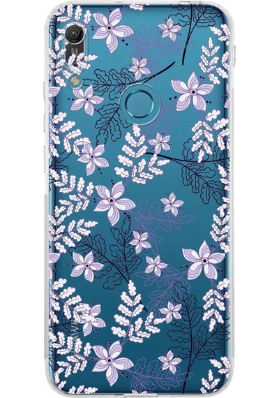 Huawei Y6 Pro 2019 Kamera Korumalı Kapak Floral Lila Tasarımlı Şeffaf Kılıf