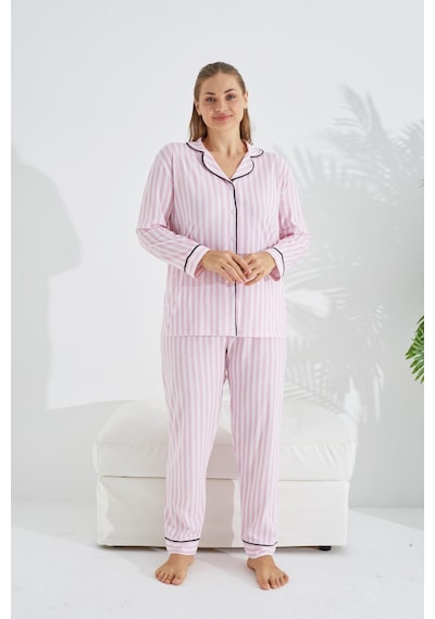 Siyah İnci Desenli Pamuklu Düğmeli Curve Büyük Beden Battal Pijama Takım Pembe Beyaz Siyah İnci Desenli Pamuklu Düğmeli Curve Büyük Beden Battal Pijama Takım Pembe Beyaz