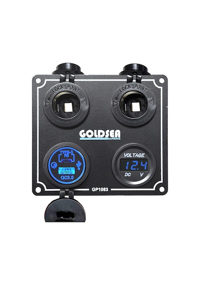 Goldsea Şarj + Şarj + Usb-C + Voltmetre Soketi Metal Çerçeveli 12-24V 110 X 110 Mm