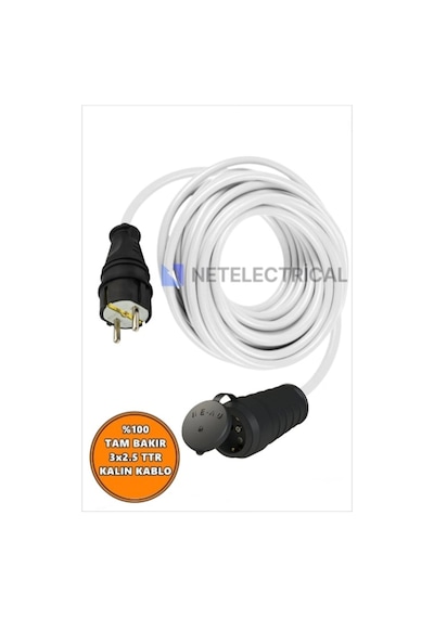 Kauçuk Tekli Topraklı Ara Uzatma Kablosu 7 Metre 3x2.5 Mm² Ttr Kalın Beyaz Kablolu 7 Metre