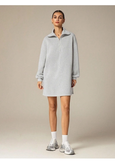 Afri 3 İplik Şardonlu Gri Oversize Fermuarlı Tunik Sweatshirt - Günlük Spor Elbise Gri
