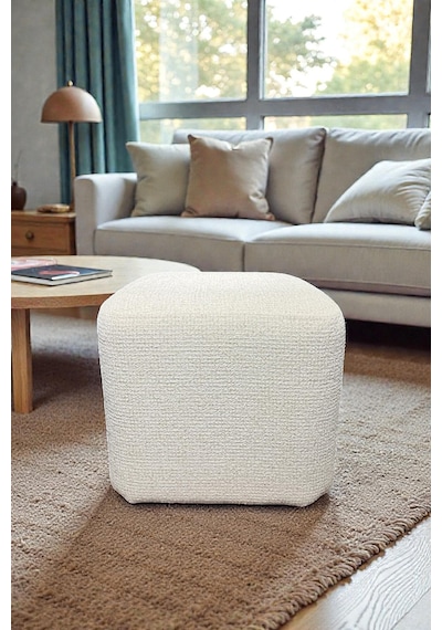 Kare Puf - Block Bukle Şönil Kumaş - Modern Dekoratif Şık Ve Konforlu Puf&bench Krem