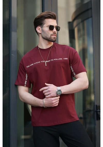 Madmext Bordo Bisiklet Yaka Baskılı Basic Tişört E7156 Bordo