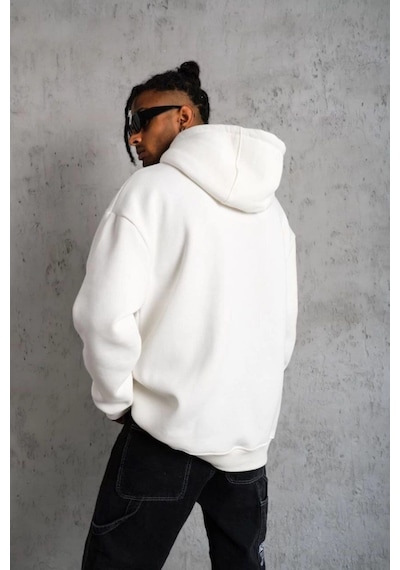 Barlashive Erkek 3 İplik Pamuklu Kapüşonlu Cepli Düz Oversize Hoodie Sweatshirt - Beyaz Çok Renkli