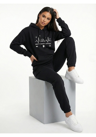 Nevermind Unisex Oversize Kalp Ritmi Baskılı Çift Hoodie Siyah