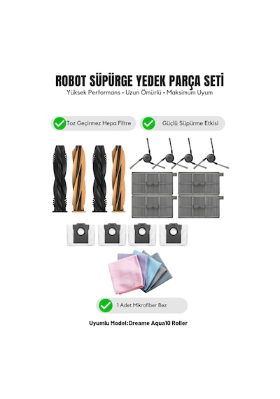 Dreame Aqua10 Roller İle Uyumlu 2 Ana Fırça 4 Yan Fırça 4 Filtre 4 Toz Torbası 1 Temizlik Bezi 16.0