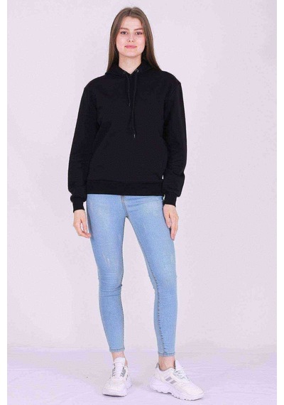 Siyah Basic Oversize Kadın Kapüşonlu Hoodie 3 Iplik Sweatshirt