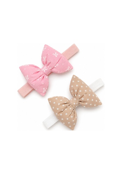 Pamuk Kız Bebek Fiyonk Bandana 2'li Set Pembe Fiyonk - Camel Kalpli Pembe Fiyonk - Camel Kalpli