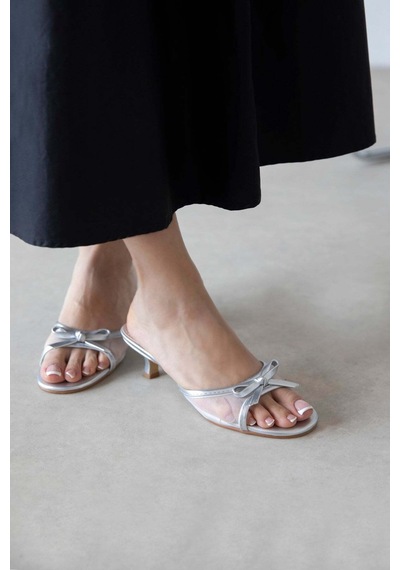 Wolk Shoes Tilda Kadın Topuklu Saten Fileli Sandalet Siyah Gümüş