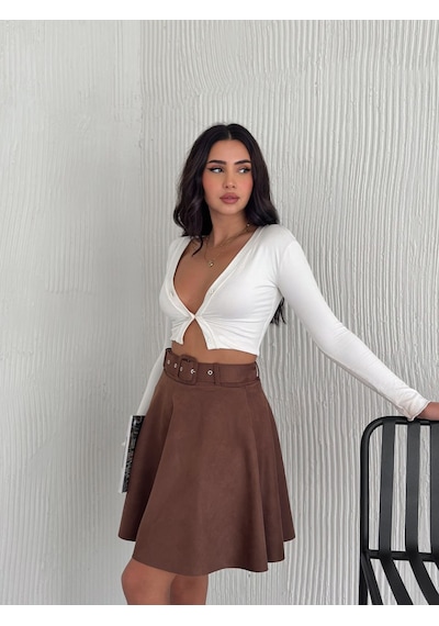 Ozy Fashion Kadın Koyu Kahverengi Midi Boy Kemerli Süet Kloş Etek Koyu Kahverengi Ozy Fashion Kadın Koyu Kahverengi Midi Boy Kemerli Süet Kloş Etek Koyu Kahverengi
