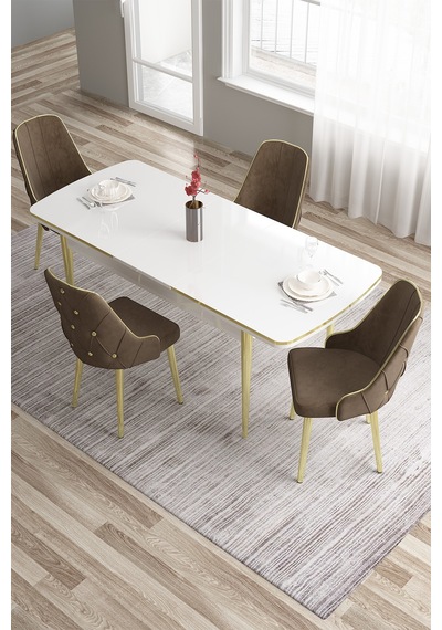 Canisa Tia Serisi 80x132 Açılabilir Mdf Mutfak Masası Takımı Beyaz Masa Gold Detay 4 Kahverengi Sandalye Masa Beyaz Sandalye Kahve Canisa Tia Serisi 80x132 Açılabilir Mdf Mutfak Masası Takımı Beyaz Masa Gold Detay 4 Kahverengi Sandalye Masa Beyaz Sandalye Kahve