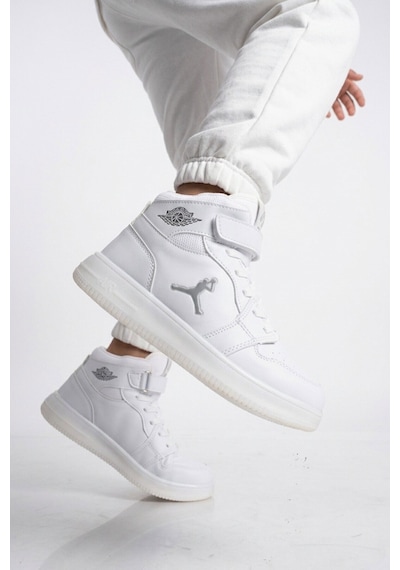Cool Beyaz Cırtlı Basket Tarzı Bilek Boy Sneaker Erkek Çocuk Spor Ayakkabı Haykat Uzun Air