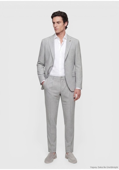 Ramsey Açık Gri Çizgili Modern Fit Yün Karışımlı Takım Elbise