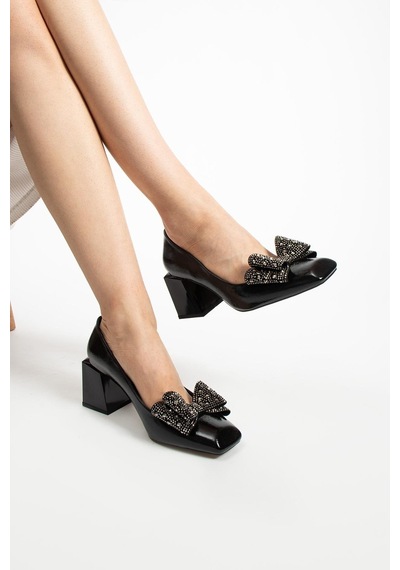 Paris Shoes Paris Siyah Taşlı Fiyonklu Topuklu Ayakkabı Z0116-siyah Siyah