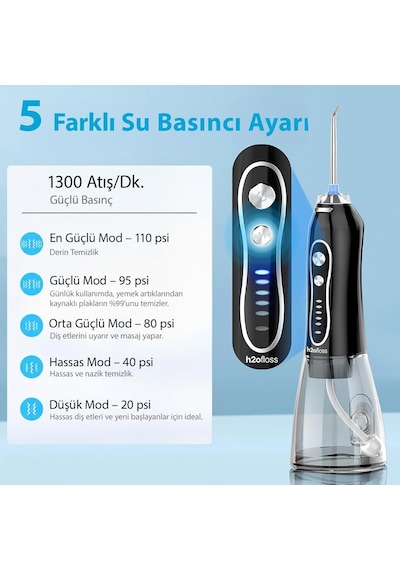 Şarjlı Kablosuz Ağız Duşu, Hızlı Ve Etkili Diş Arası Temizliği 300 Ml Su Hazneli, 5 Modlu, 6 Başlıklı, Ipx7 Su Geçirmez, Diş Taşı Temizliği Siyah