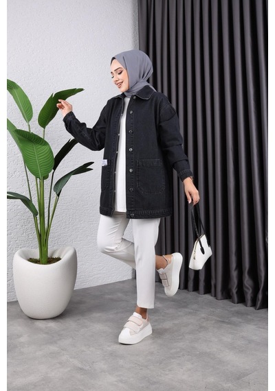 Harman Butik Kadın Cepli Düğmeli Kot Ceket Siyah Siyah