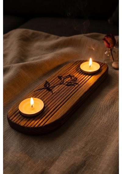 Ahşap El Yapımı İki Bölmeli S Kıvrımlı Tasarım Mumluk, Doğal Ahşap Lazer Gül Detaylı Tealight Mumluğu Kahverengi Kahverengi