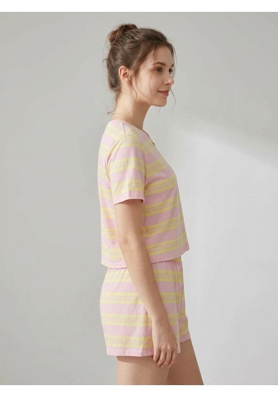 Pembe Sarı Çizgili T-shirt Şort Örme Pijama Takımı Pembe