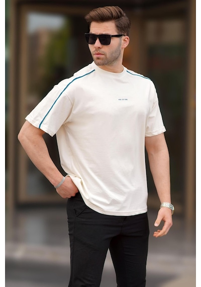 Madmext Ekru Oversize Bisiklet Yaka Tişört 7009-ekru Ekru