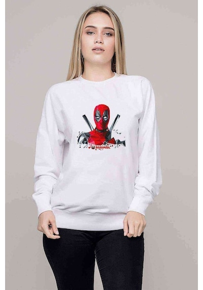 Deadpool 3D Boyut Baskılı Beyaz Kadın Sweatshirt